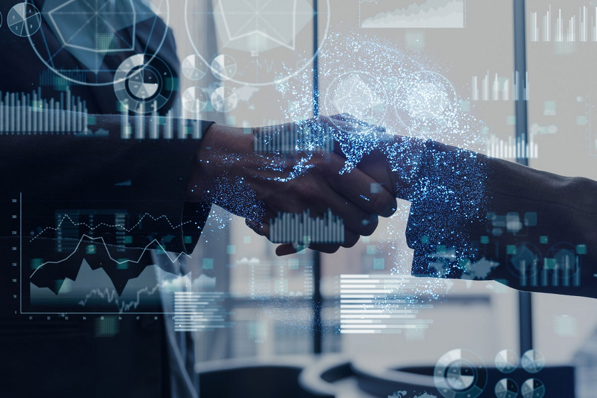 Handshake with map and analytics graphic overlays