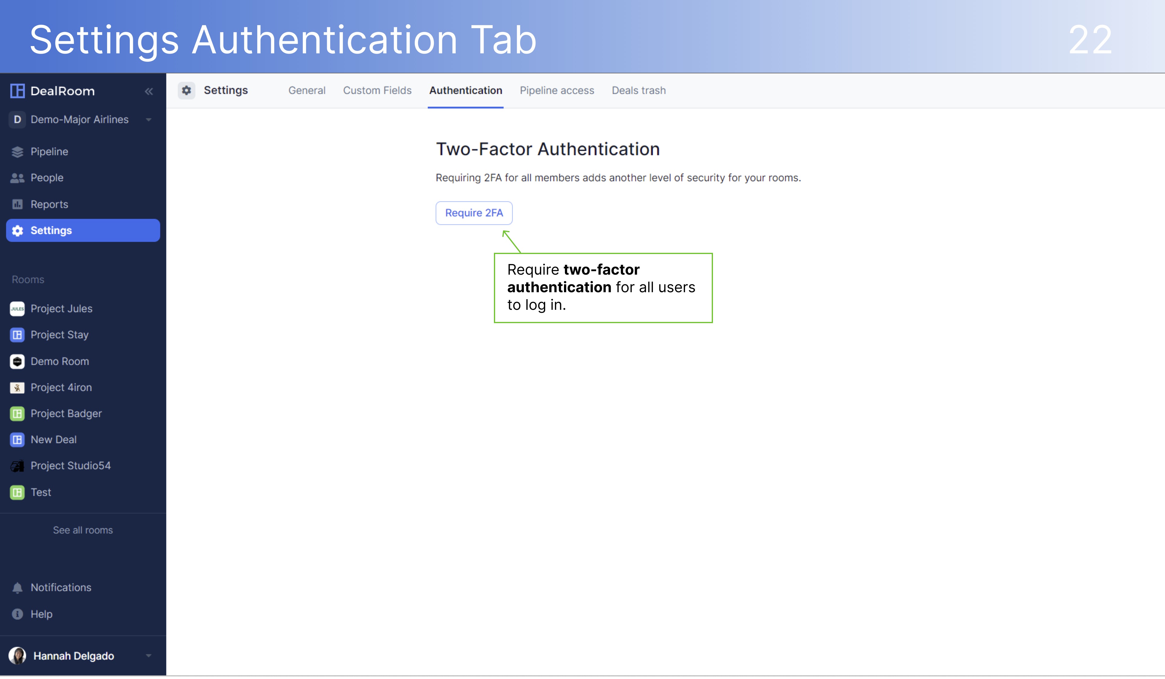 DealRoom Settings Authentication