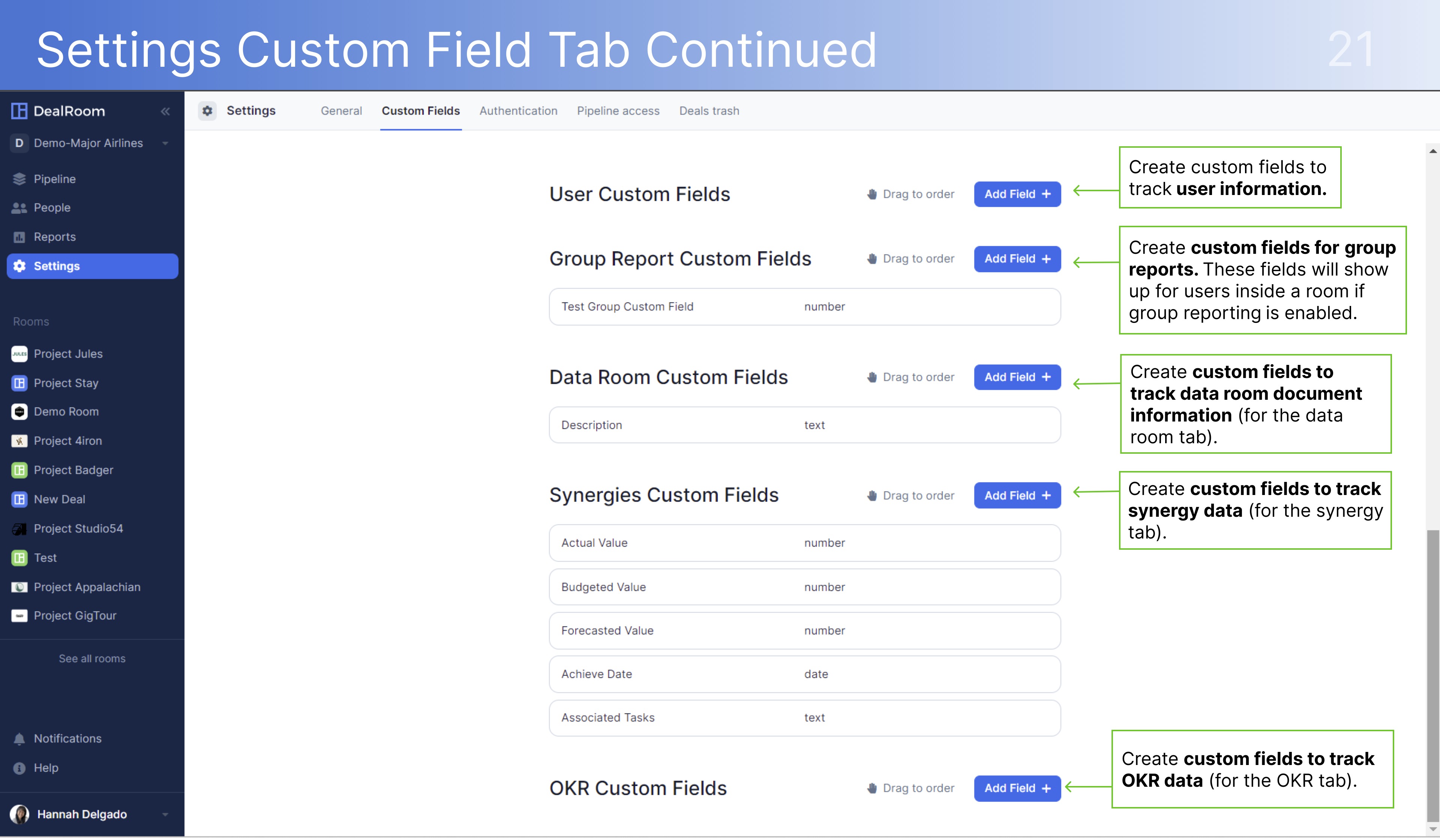 DealRoom Settings Custom Field Continued