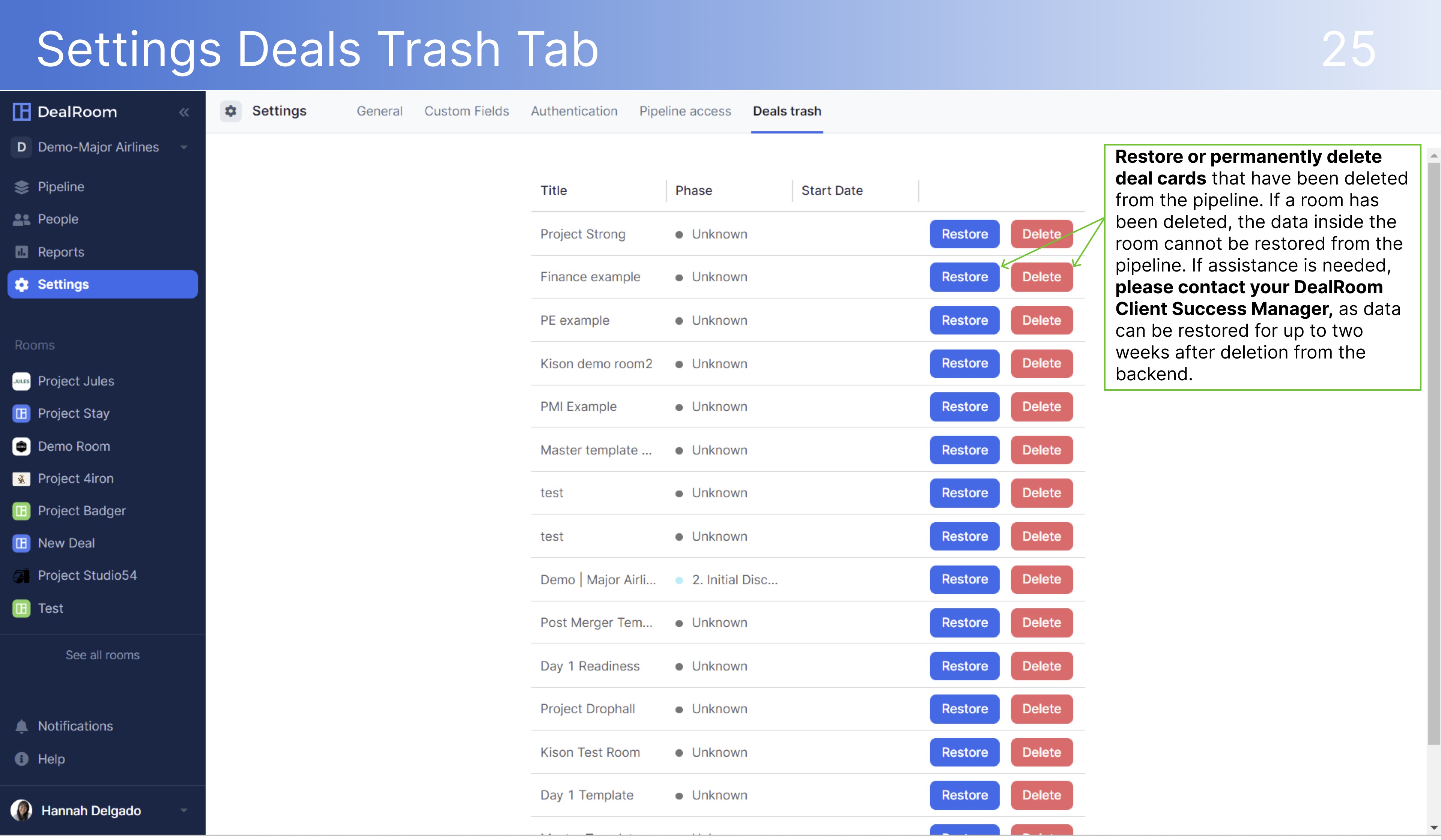 DealRoom Settings Deals Trash Tab