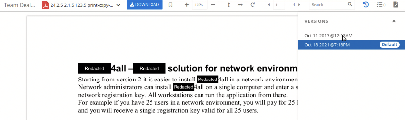 dealroom software redaction versions