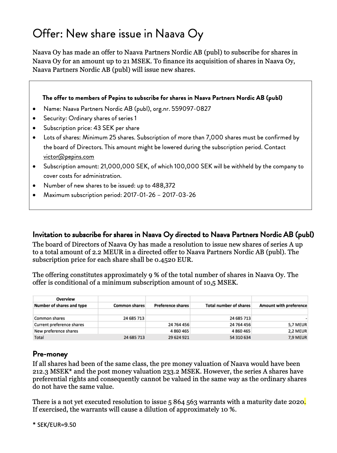 Executive Summary (“The Offer”) of investment memorandum