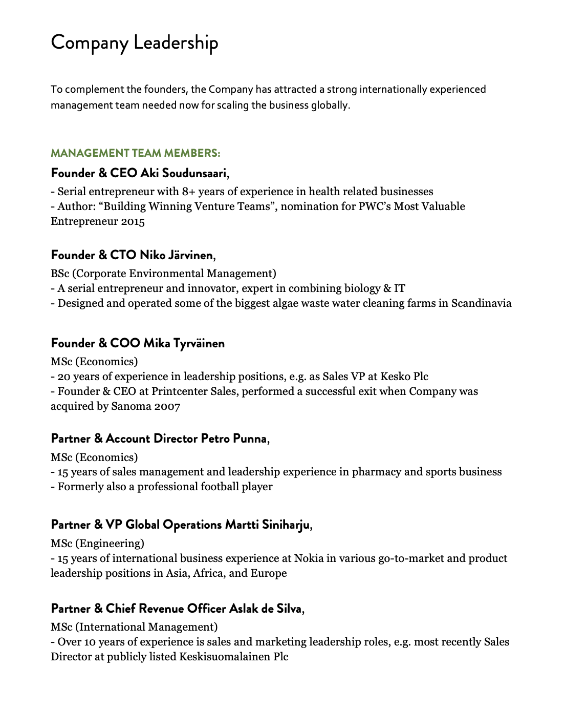 Management Section naava investment memorandum