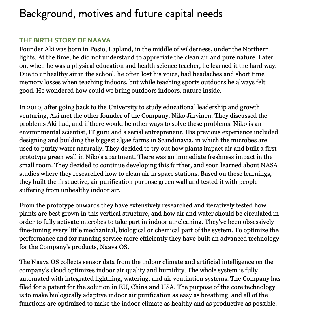 History and Background of naava - investment memorandum